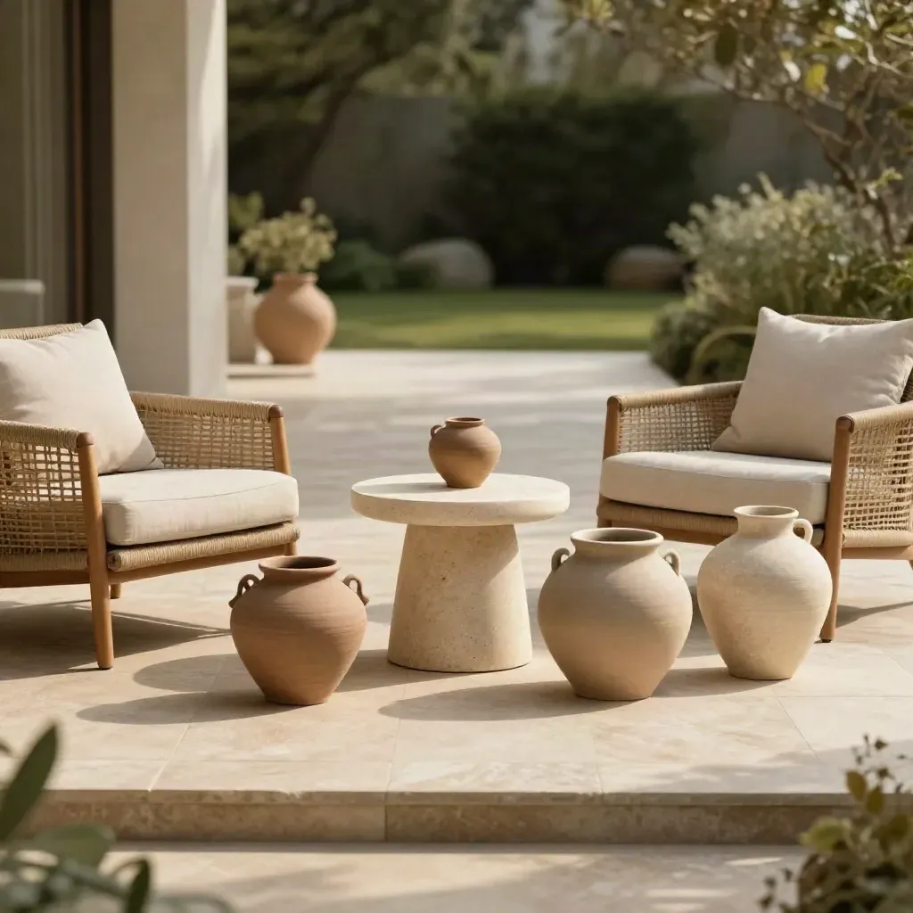 Laag terras met zandkleurige loungestoelen, keramische potten en een brede looplijn naar de tuin.