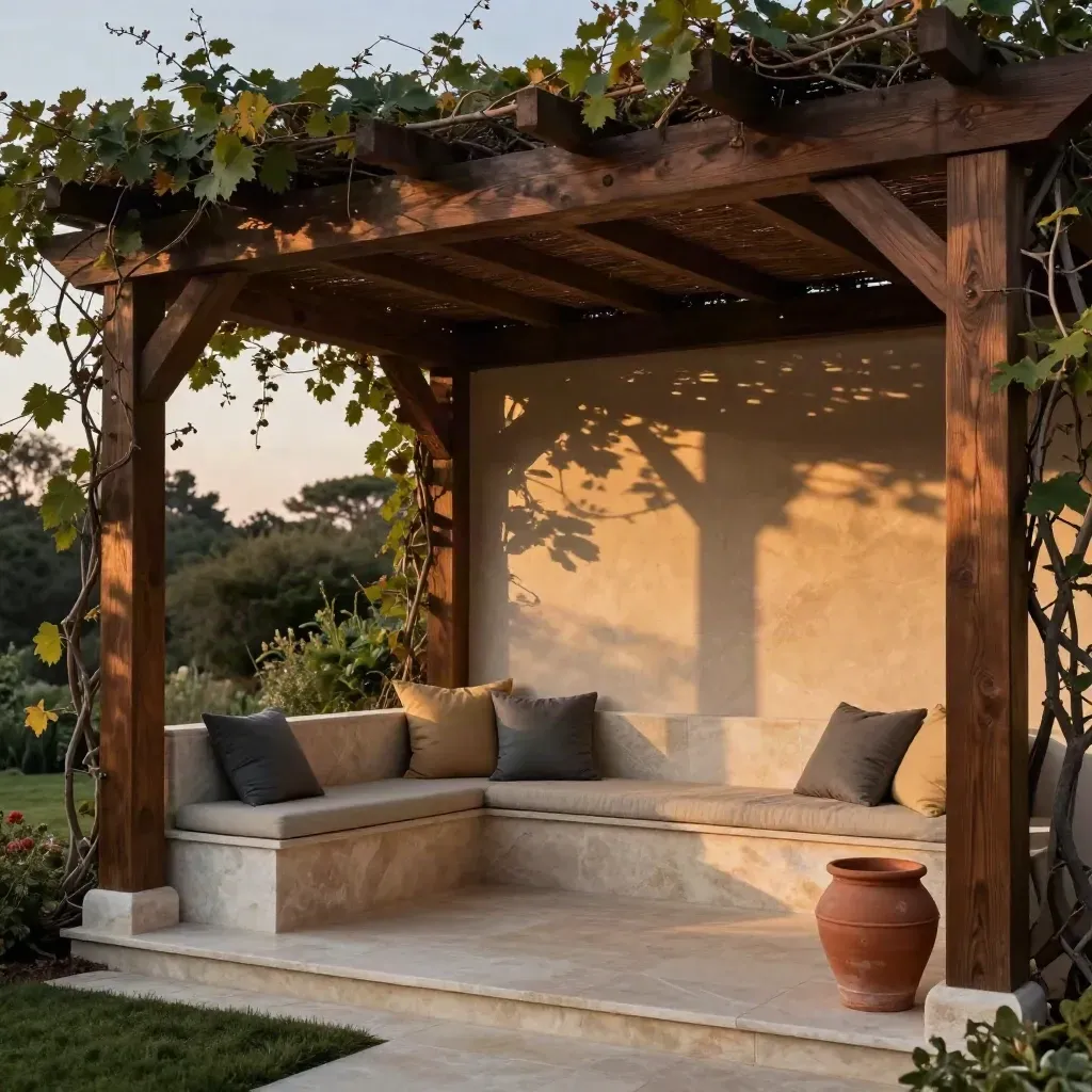 Donkere houten pergola met klimplanten en schaduw over een stenen zithoek in de avond
