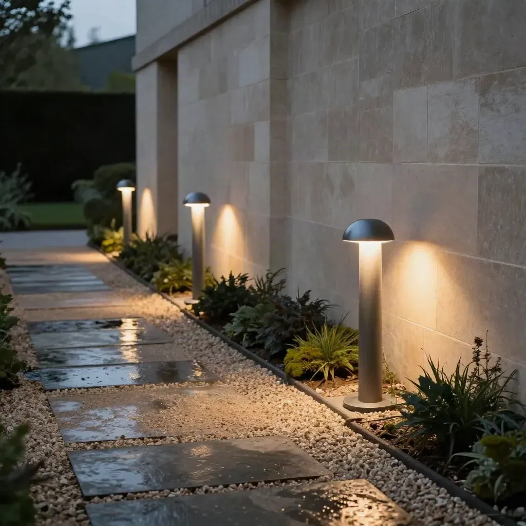 Verlichte tuinroute met paaltjes en gevelspots langs een nat grindpad in schemering.