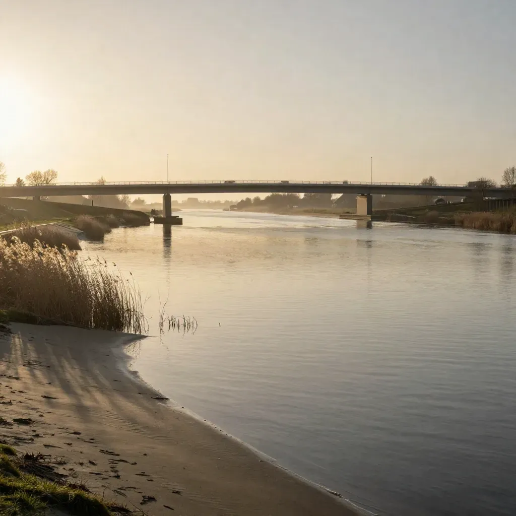Zuid-Hollands polderland met moderne brug, brede vaart en zachte avondmist